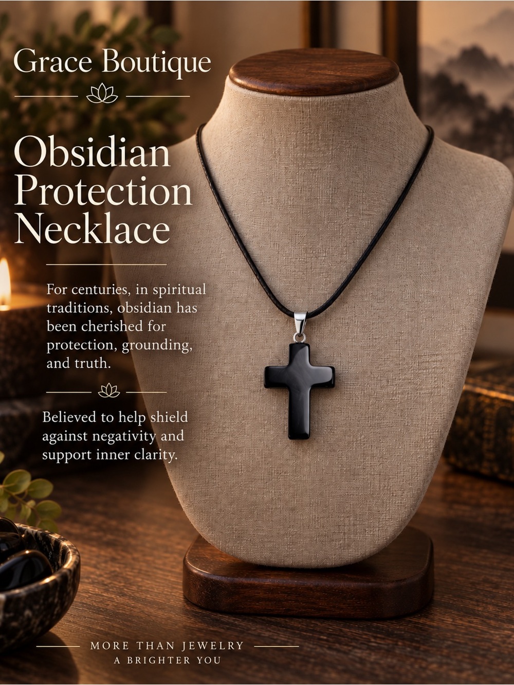 Obsidian Protection Cross Necklace - Black